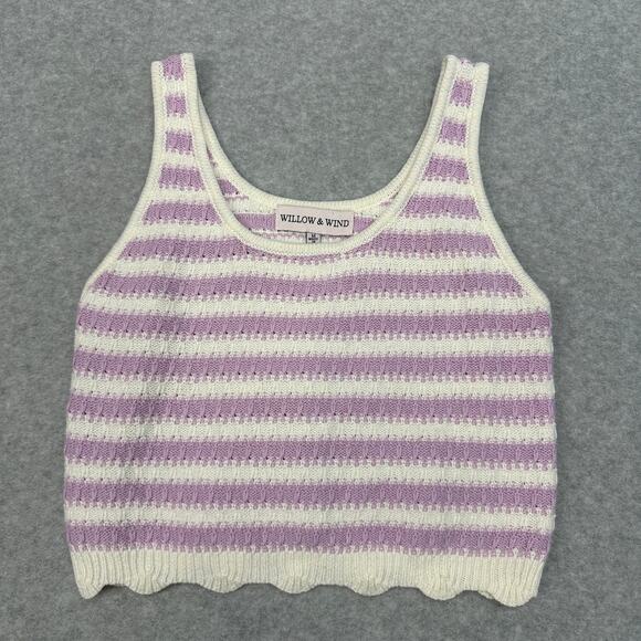 Willow & Wind Knit Crop Top WMNS M Purple White Striped Scalloped Hem Pullover - Picture 2 of 6